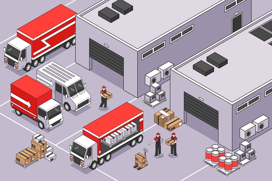 Illustrazione isometrica di un centro logistico operativo con camion alle baie di carico, operatori al lavoro e gestione merce per logistica conto terzi.