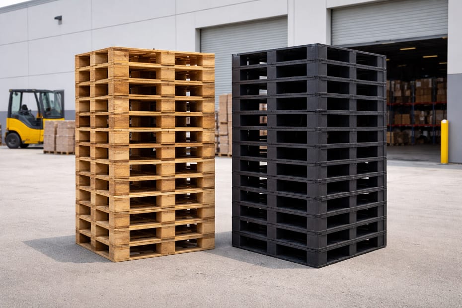 Confronto tra pallet in legno usurato e pallet in plastica igienico per uso logistico e magazzino.