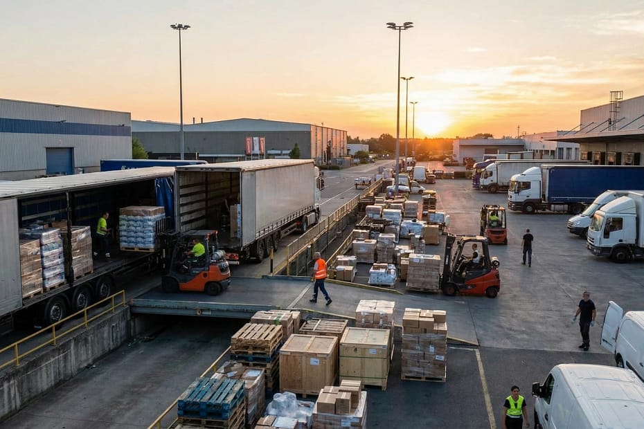 Operazioni di Cross-docking in magazzino logistico con transito rapido della merce tra baie di carico.