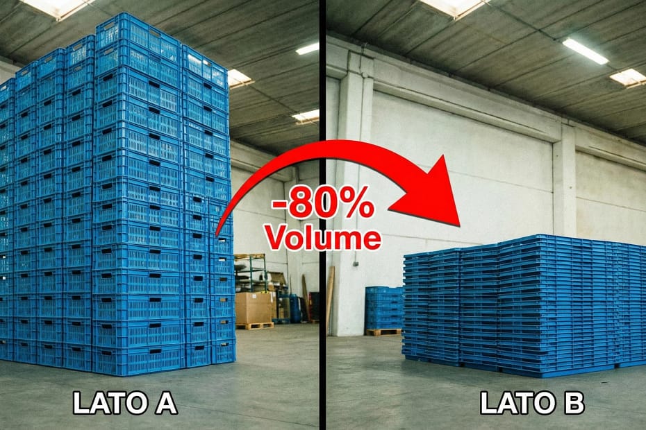 Confronto volumetrico tra cassette in plastica aperte e contenitori abbattibili chiusi per risparmio spazio logistico.