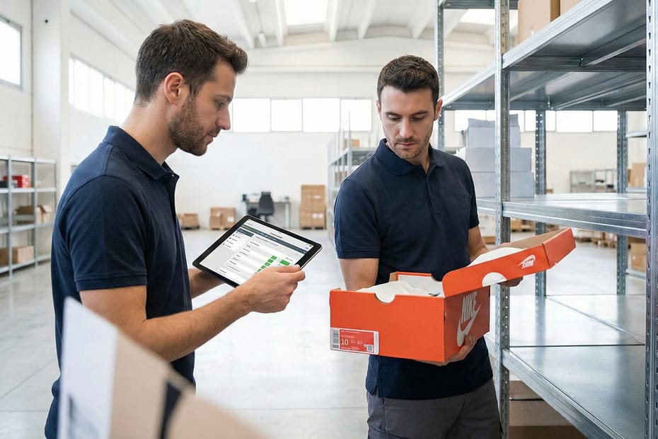 Operatore logistico che effettua controllo qualità su merce resa per re-stocking immediato.