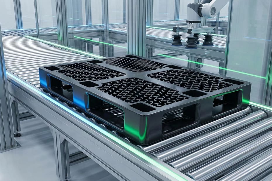 Pallet in plastica su rulliera automatica in un magazzino logistico ad alta tecnologia.